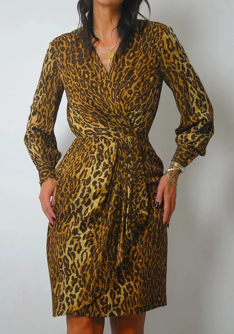 1970's Leopard Silk Wrap Dress