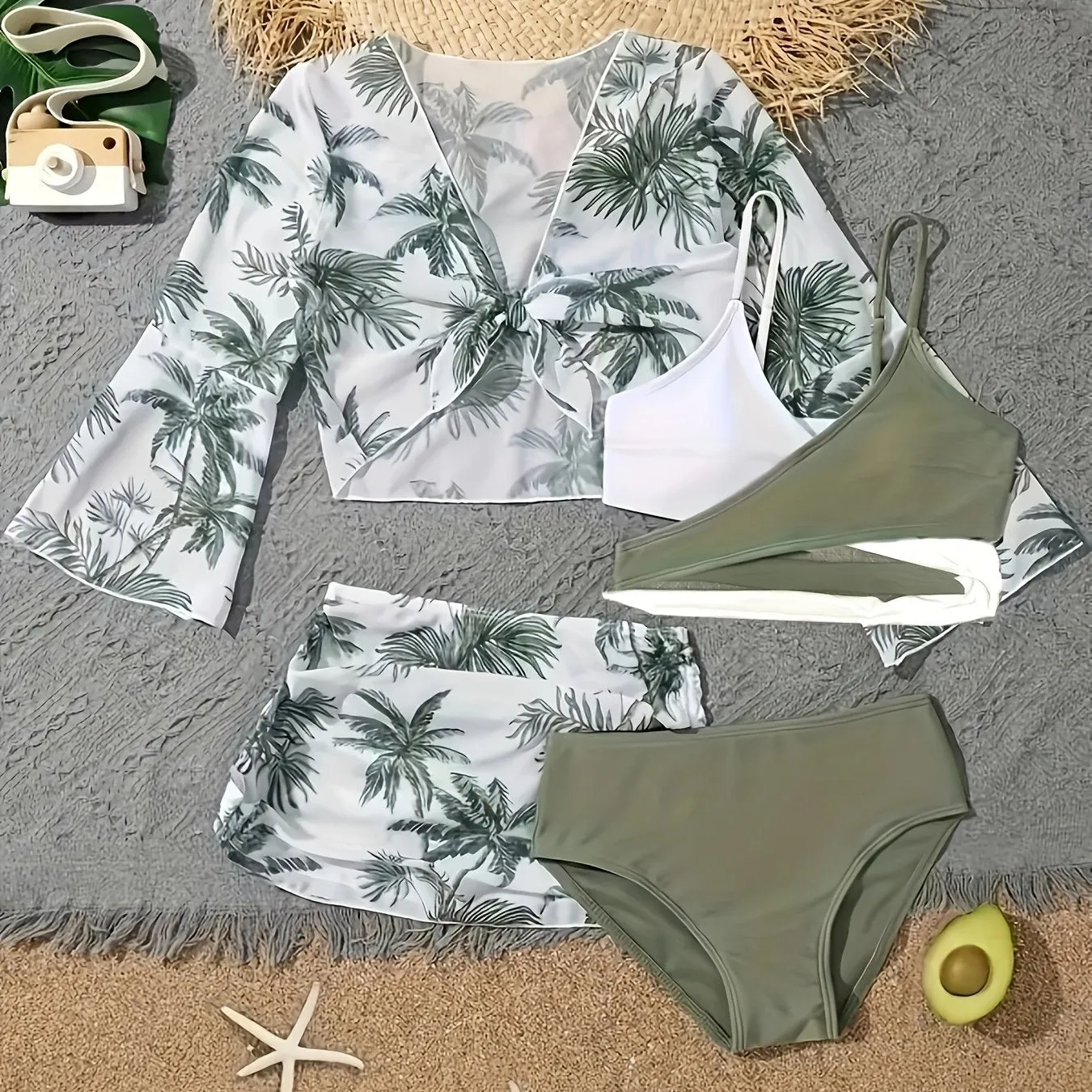 4-Piece Coconut Trees Print Womens Swimsuit Set - Flattering Bikini, Layered Top, High Waist Panty & Cover Up - Boho Skirt, Long Sleeved Beachwear for Fashionable Sun Seekers