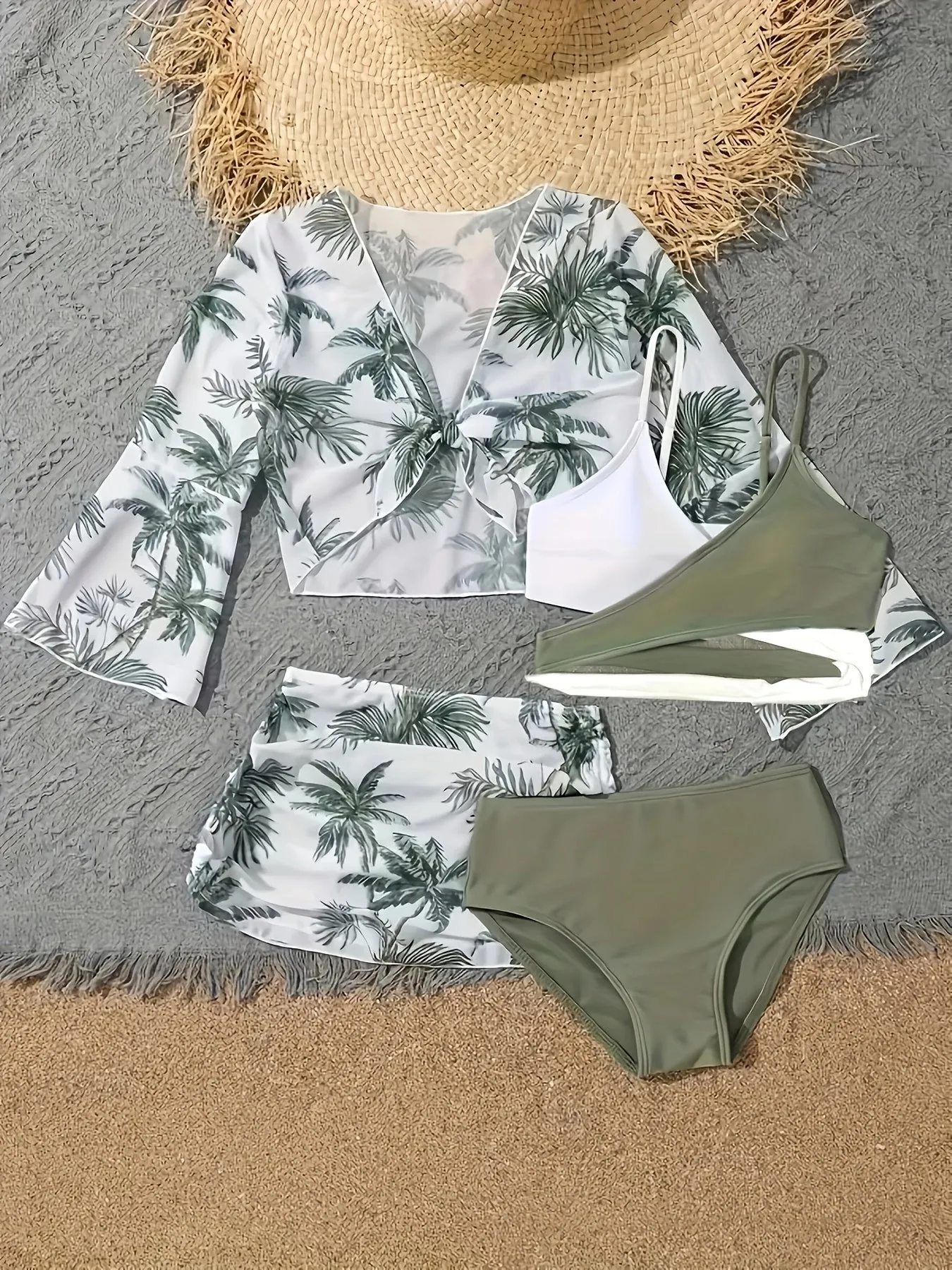 4-Piece Coconut Trees Print Womens Swimsuit Set - Flattering Bikini, Layered Top, High Waist Panty & Cover Up - Boho Skirt, Long Sleeved Beachwear for Fashionable Sun Seekers