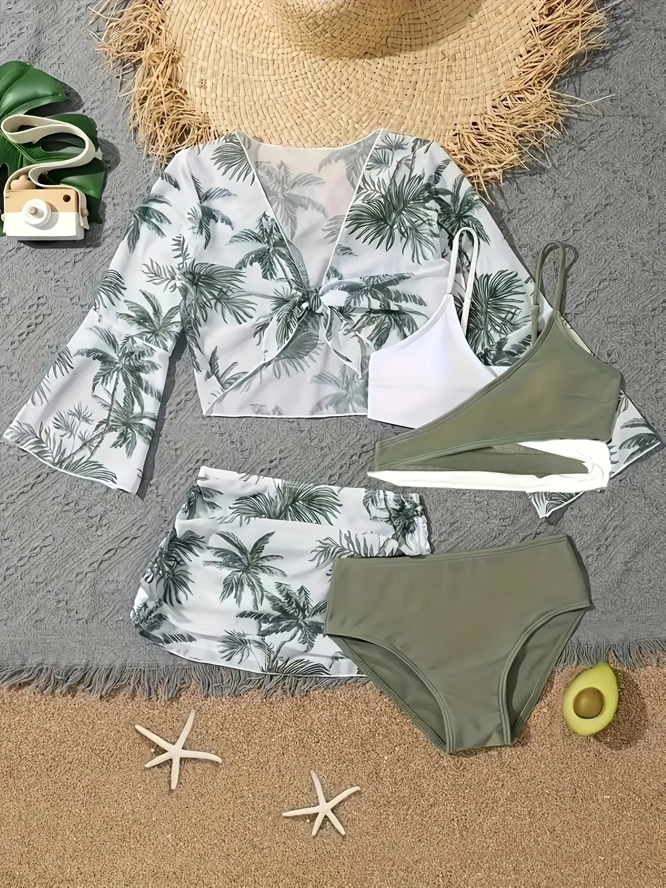 4-Piece Coconut Trees Print Womens Swimsuit Set - Flattering Bikini, Layered Top, High Waist Panty & Cover Up - Boho Skirt, Long Sleeved Beachwear for Fashionable Sun Seekers