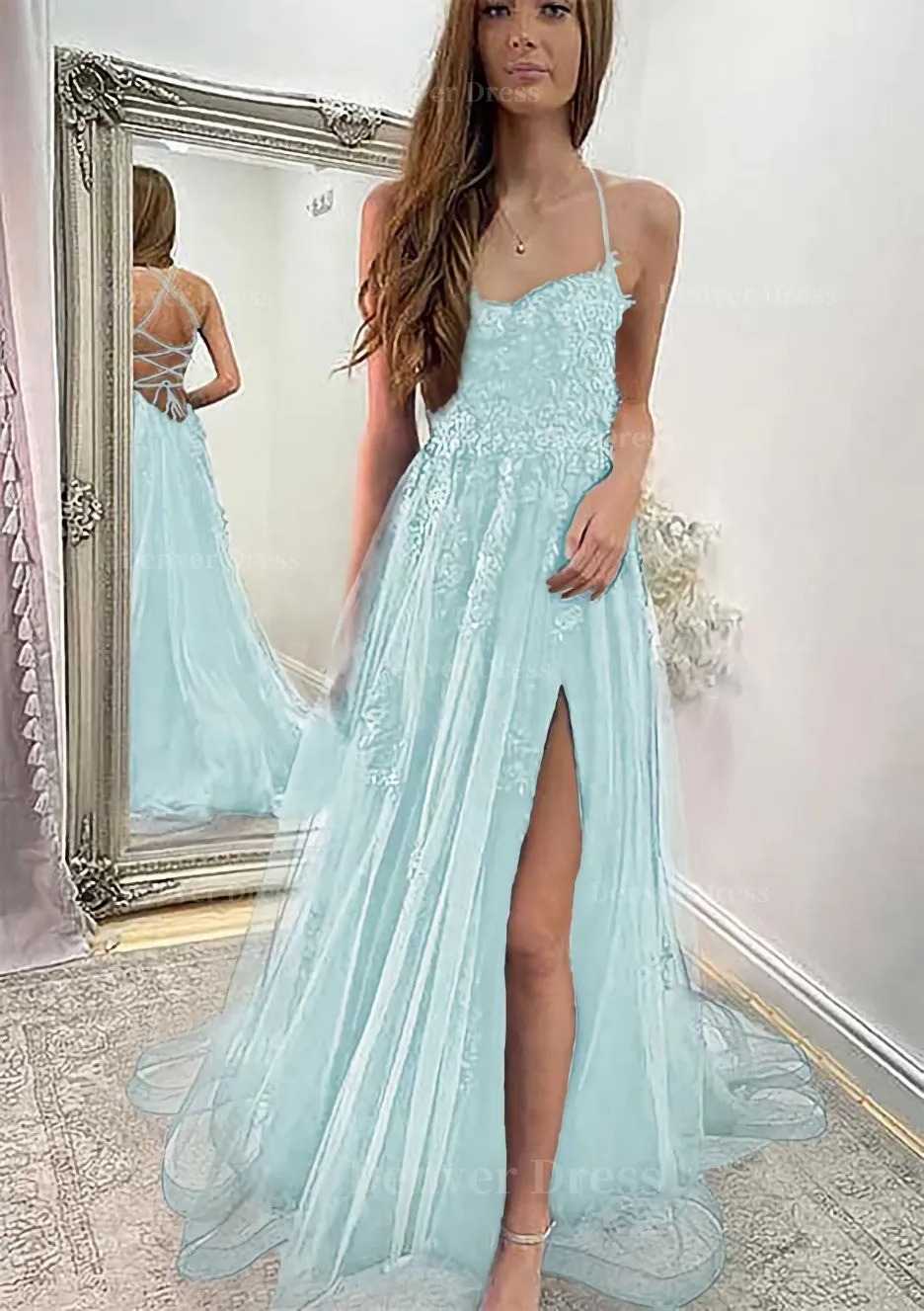 A-line Sweetheart Spaghetti Straps Sweep Train Tulle Prom Dress With Appliqued Split