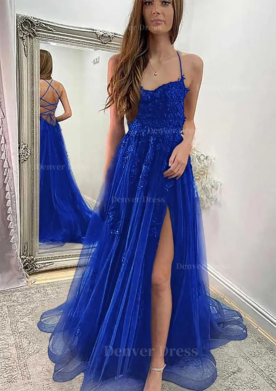 A-line Sweetheart Spaghetti Straps Sweep Train Tulle Prom Dress With Appliqued Split