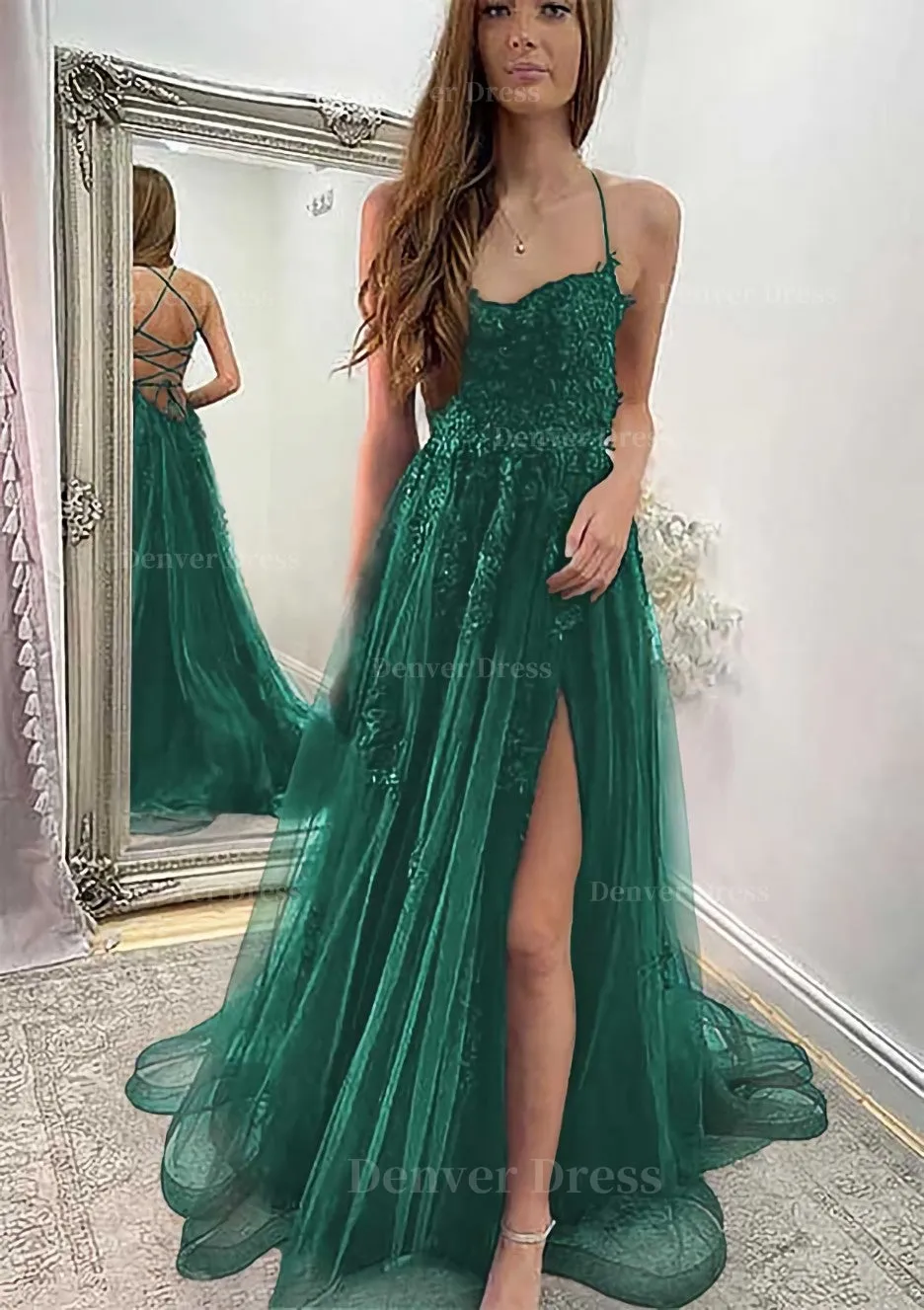 A-line Sweetheart Spaghetti Straps Sweep Train Tulle Prom Dress With Appliqued Split