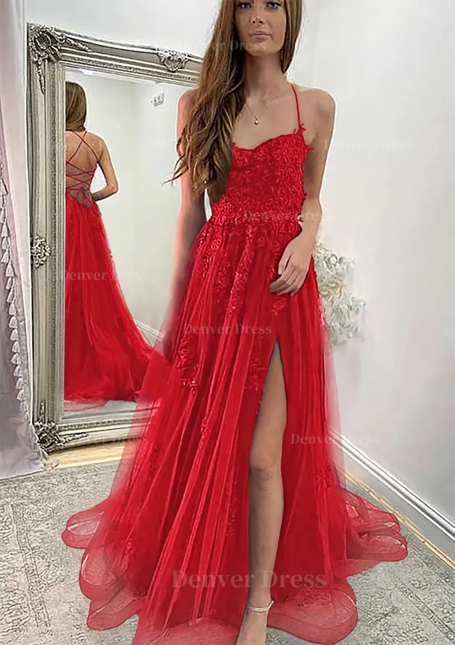 A-line Sweetheart Spaghetti Straps Sweep Train Tulle Prom Dress With Appliqued Split