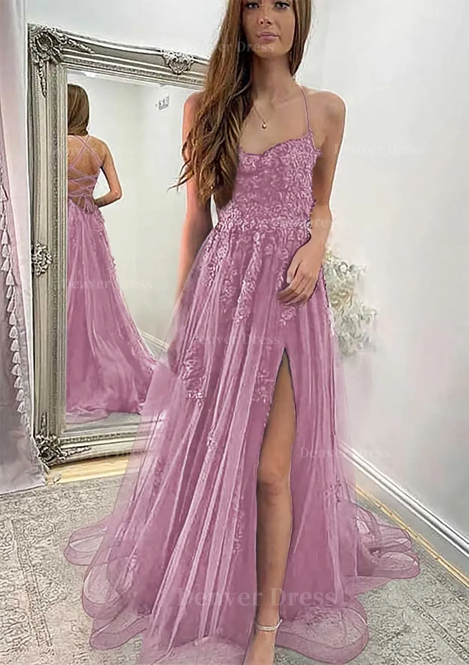 A-line Sweetheart Spaghetti Straps Sweep Train Tulle Prom Dress With Appliqued Split