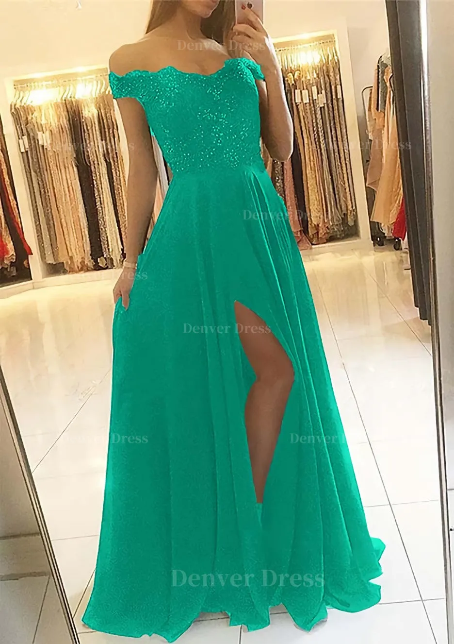 A-line/Princess Off-the-Shoulder Sleeveless Long/Floor-Length Chiffon Prom Dress With Beading Split