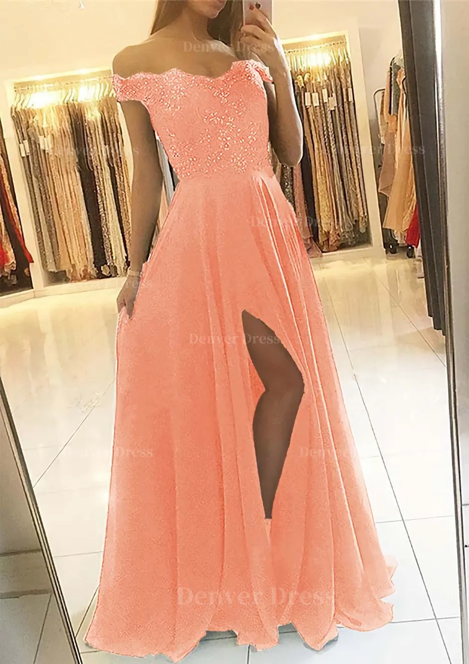 A-line/Princess Off-the-Shoulder Sleeveless Long/Floor-Length Chiffon Prom Dress With Beading Split