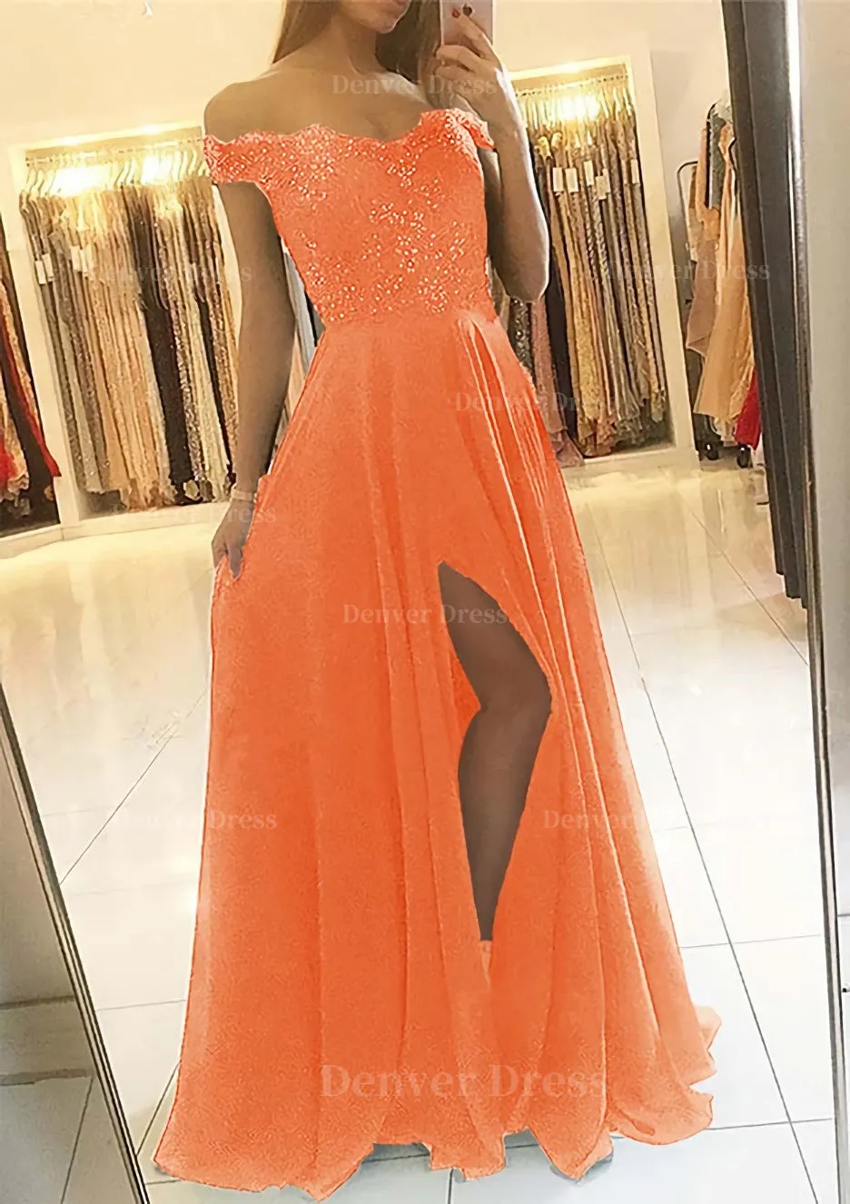 A-line/Princess Off-the-Shoulder Sleeveless Long/Floor-Length Chiffon Prom Dress With Beading Split