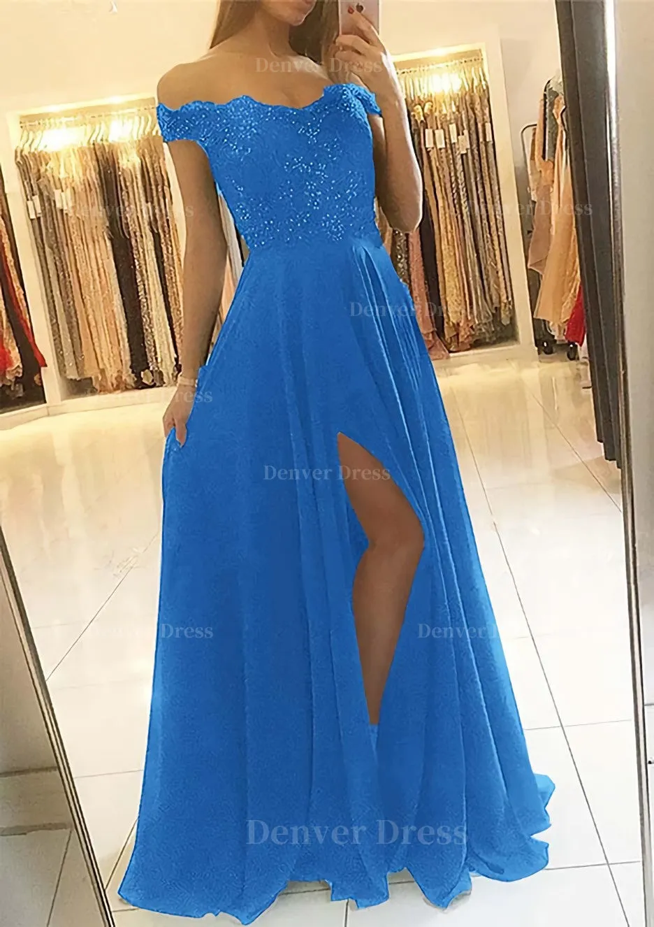 A-line/Princess Off-the-Shoulder Sleeveless Long/Floor-Length Chiffon Prom Dress With Beading Split