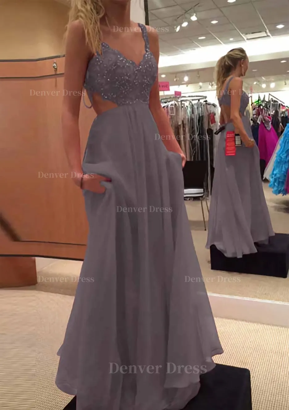 A-line/Princess V Neck Sleeveless Long/Floor-Length Chiffon Prom Dress With Lace Beading