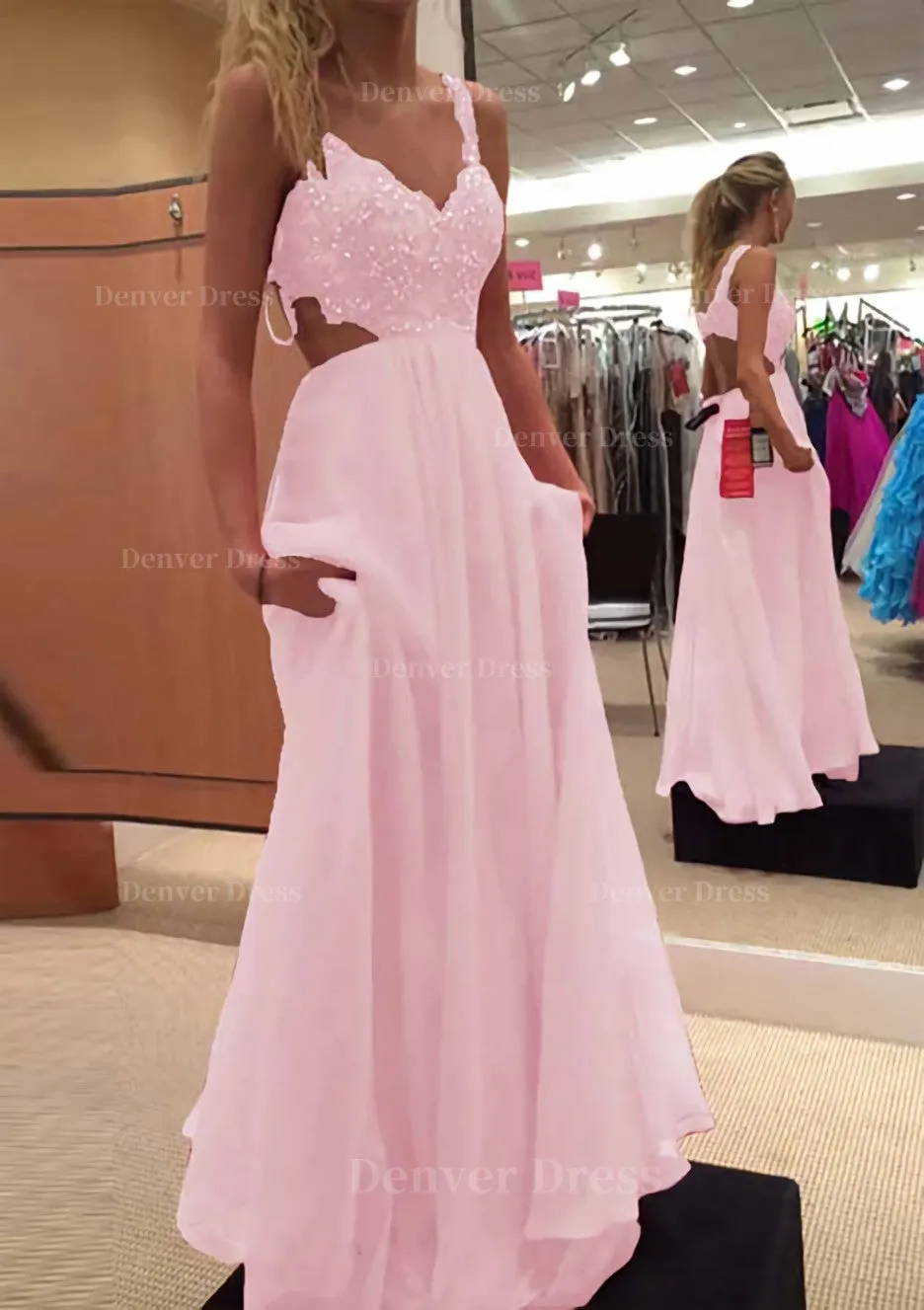 A-line/Princess V Neck Sleeveless Long/Floor-Length Chiffon Prom Dress With Lace Beading