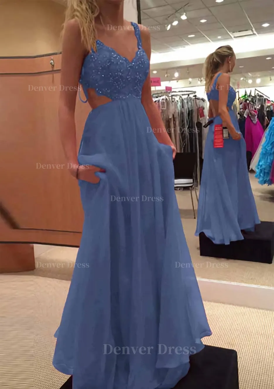 A-line/Princess V Neck Sleeveless Long/Floor-Length Chiffon Prom Dress With Lace Beading