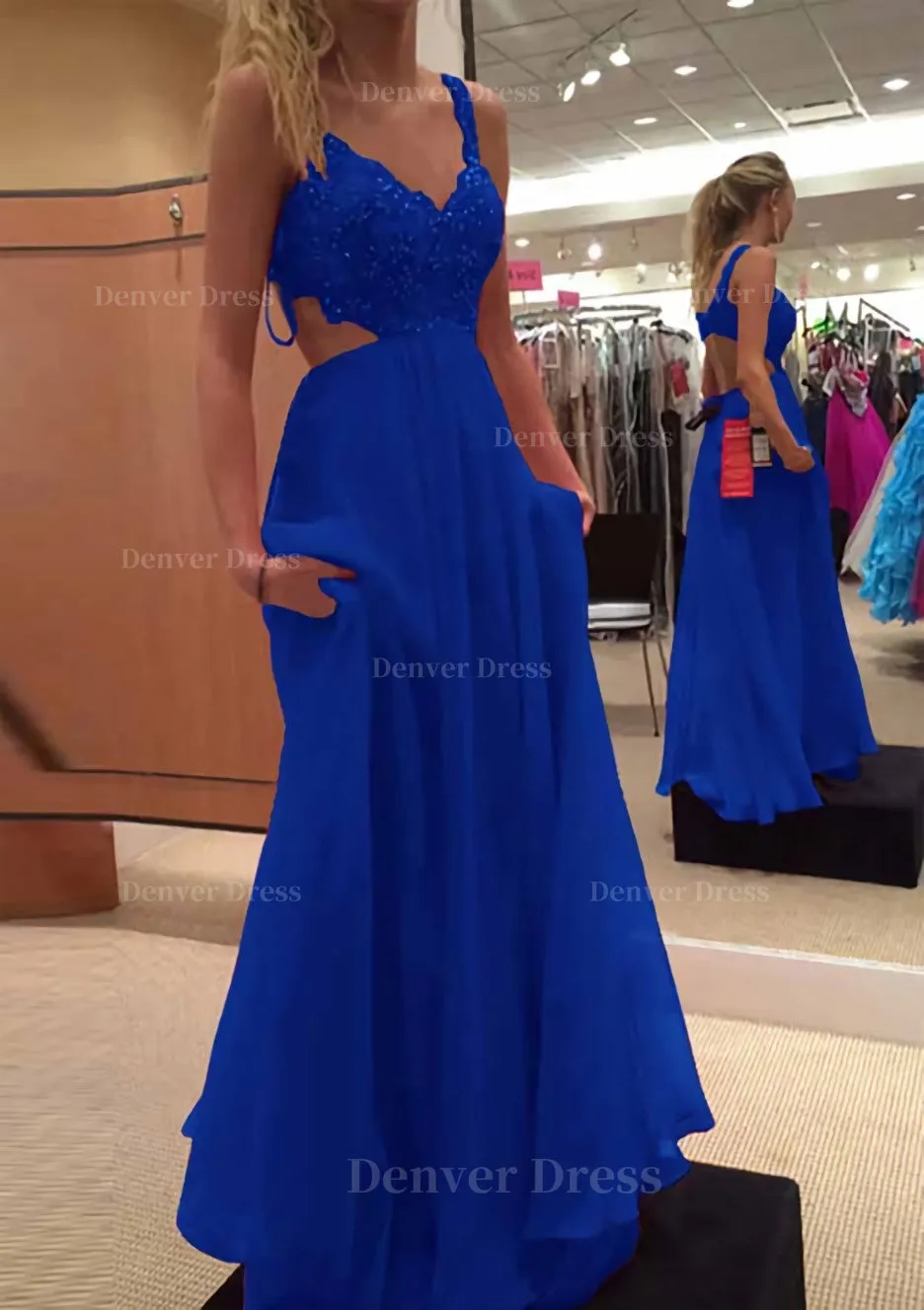 A-line/Princess V Neck Sleeveless Long/Floor-Length Chiffon Prom Dress With Lace Beading