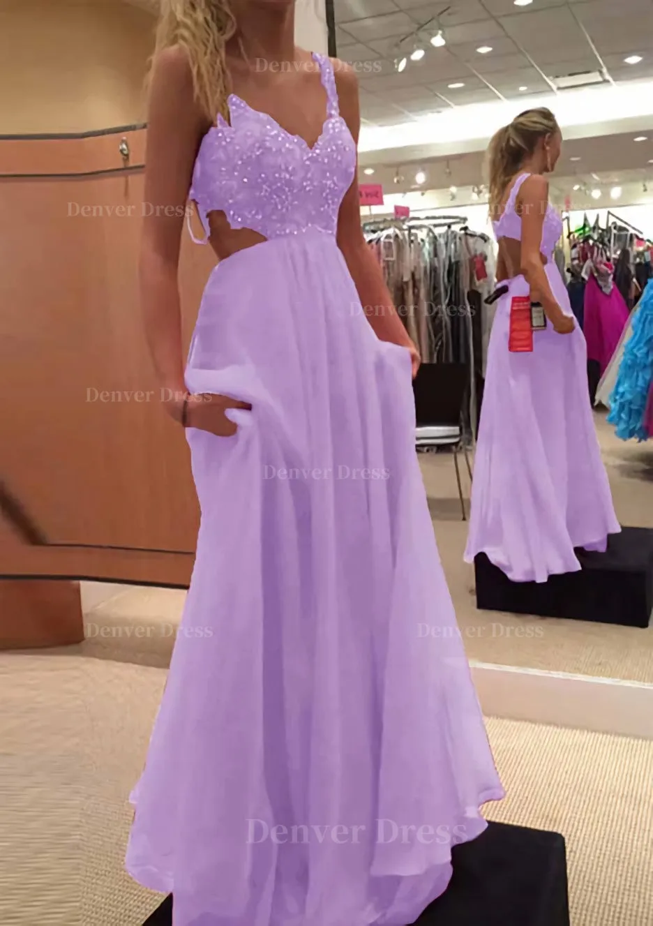 A-line/Princess V Neck Sleeveless Long/Floor-Length Chiffon Prom Dress With Lace Beading