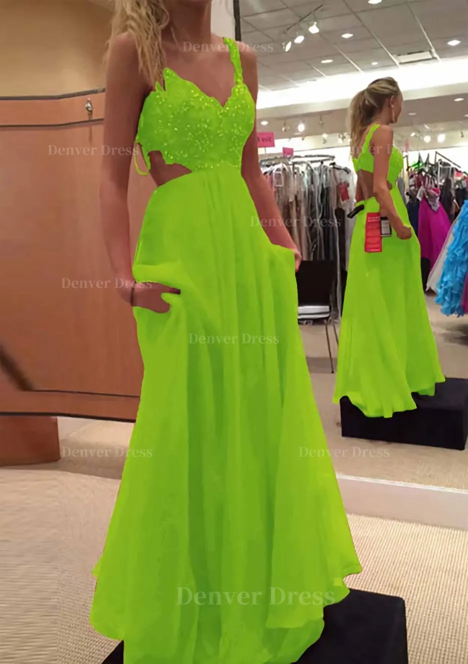 A-line/Princess V Neck Sleeveless Long/Floor-Length Chiffon Prom Dress With Lace Beading