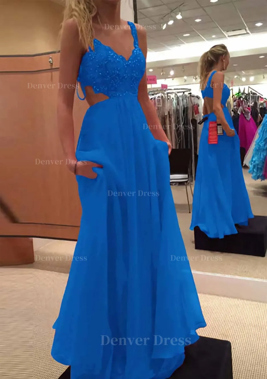 A-line/Princess V Neck Sleeveless Long/Floor-Length Chiffon Prom Dress With Lace Beading