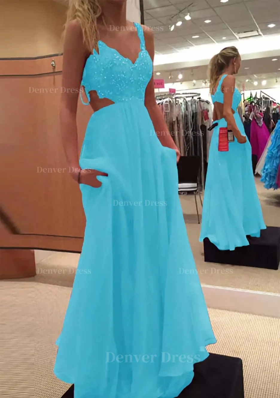 A-line/Princess V Neck Sleeveless Long/Floor-Length Chiffon Prom Dress With Lace Beading