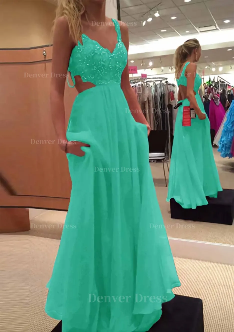 A-line/Princess V Neck Sleeveless Long/Floor-Length Chiffon Prom Dress With Lace Beading