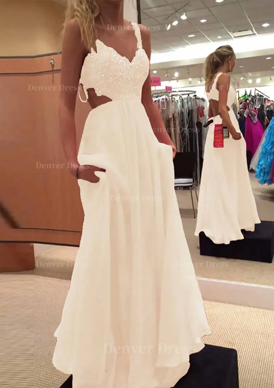 A-line/Princess V Neck Sleeveless Long/Floor-Length Chiffon Prom Dress With Lace Beading