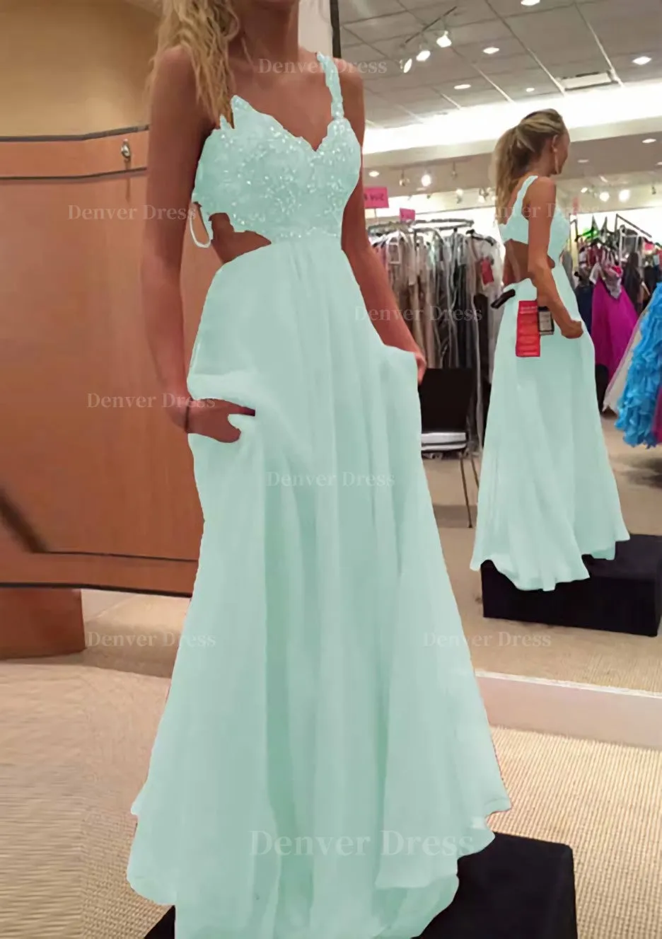 A-line/Princess V Neck Sleeveless Long/Floor-Length Chiffon Prom Dress With Lace Beading