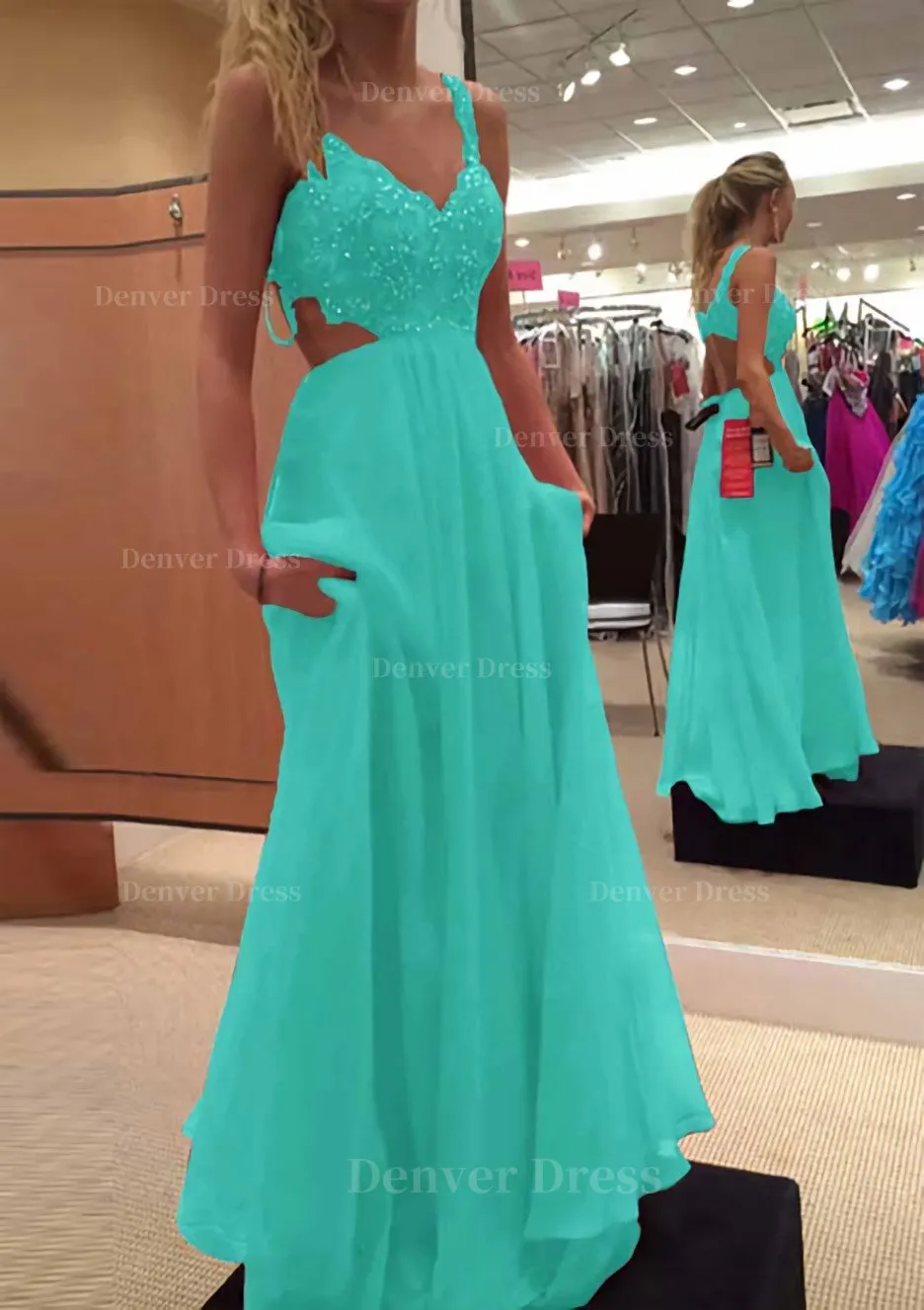 A-line/Princess V Neck Sleeveless Long/Floor-Length Chiffon Prom Dress With Lace Beading