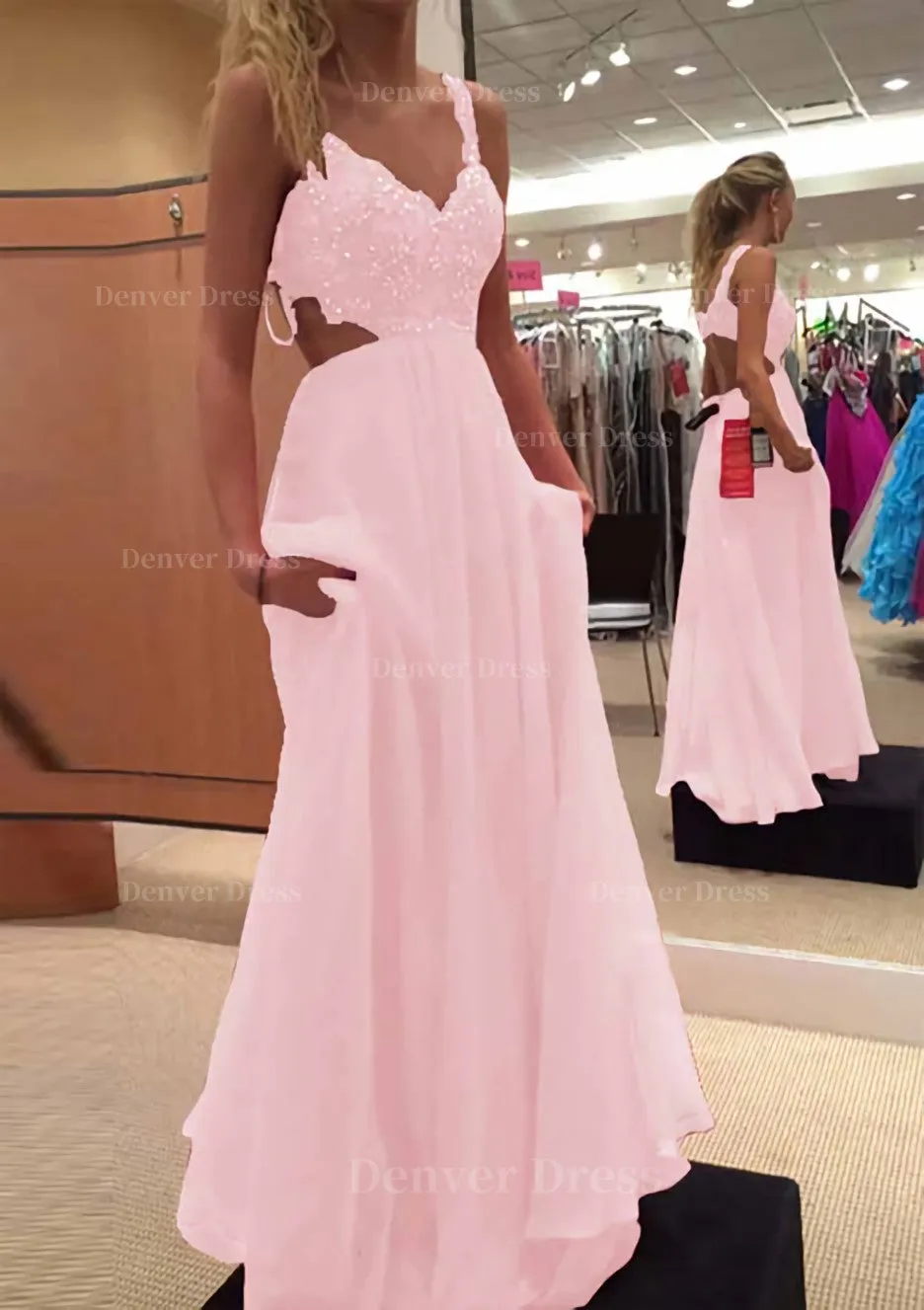 A-line/Princess V Neck Sleeveless Long/Floor-Length Chiffon Prom Dress With Lace Beading