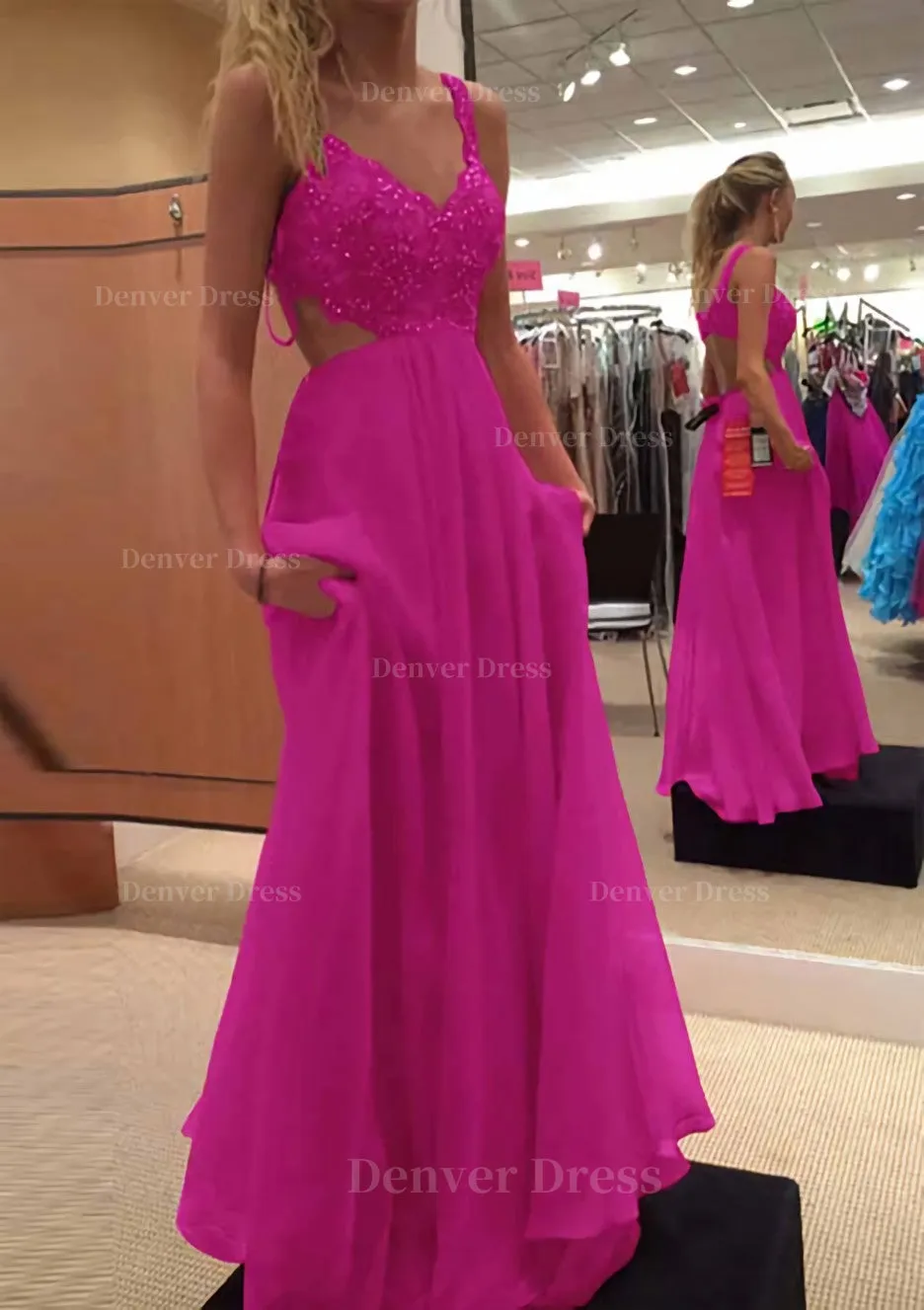 A-line/Princess V Neck Sleeveless Long/Floor-Length Chiffon Prom Dress With Lace Beading