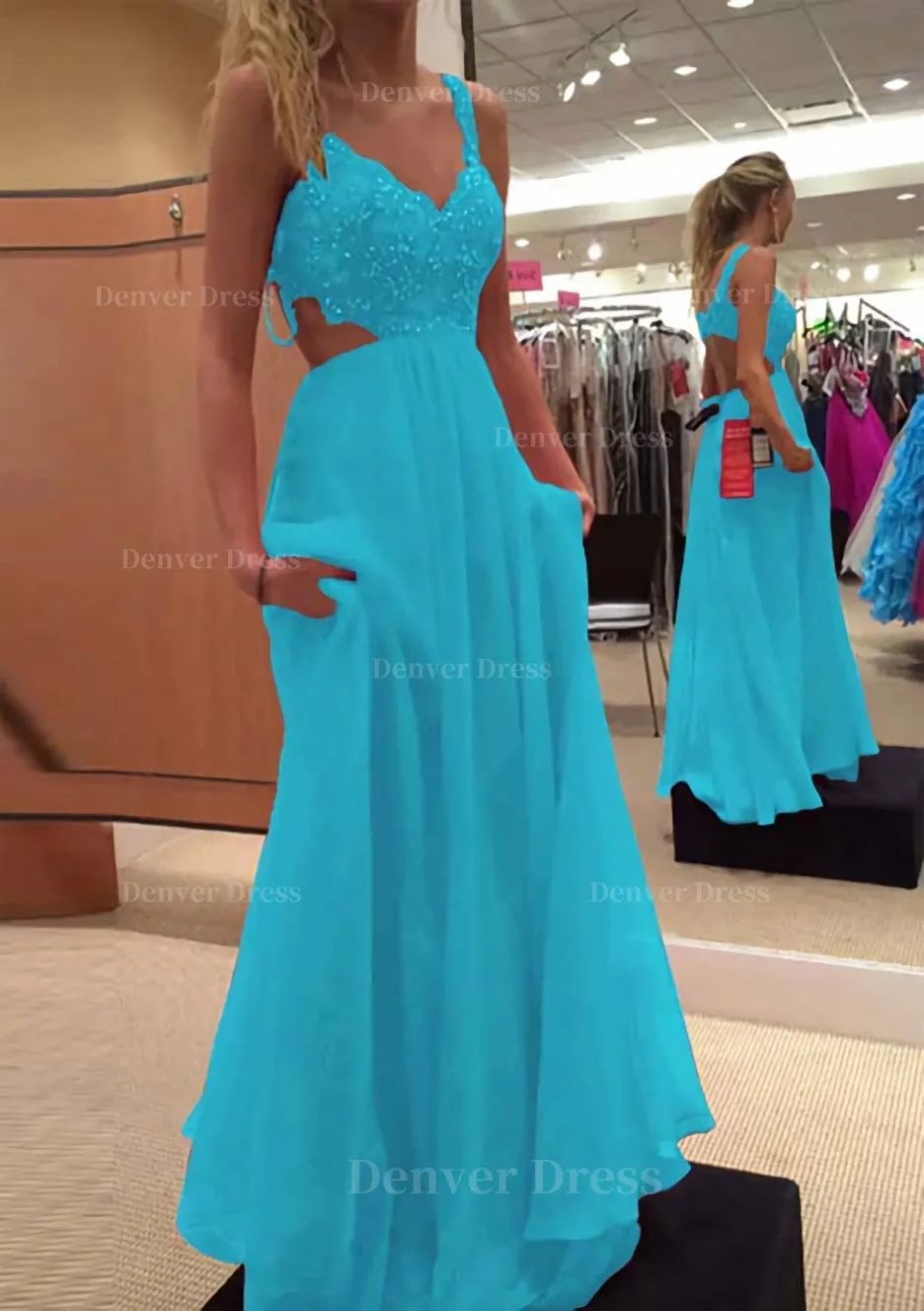 A-line/Princess V Neck Sleeveless Long/Floor-Length Chiffon Prom Dress With Lace Beading