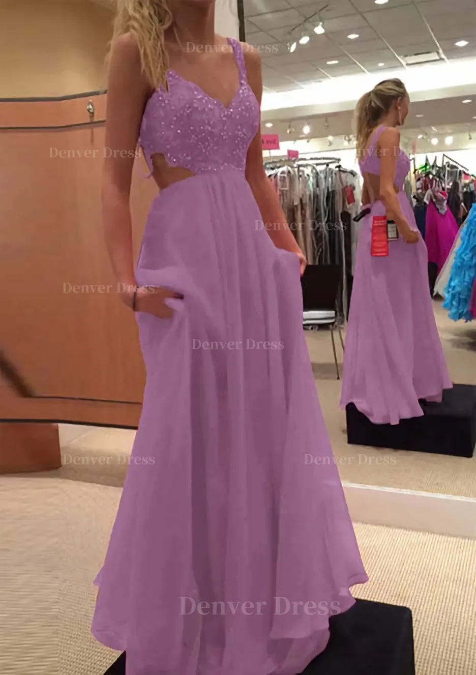 A-line/Princess V Neck Sleeveless Long/Floor-Length Chiffon Prom Dress With Lace Beading