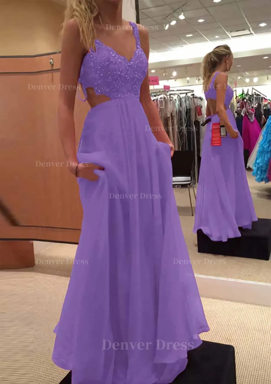 A-line/Princess V Neck Sleeveless Long/Floor-Length Chiffon Prom Dress With Lace Beading