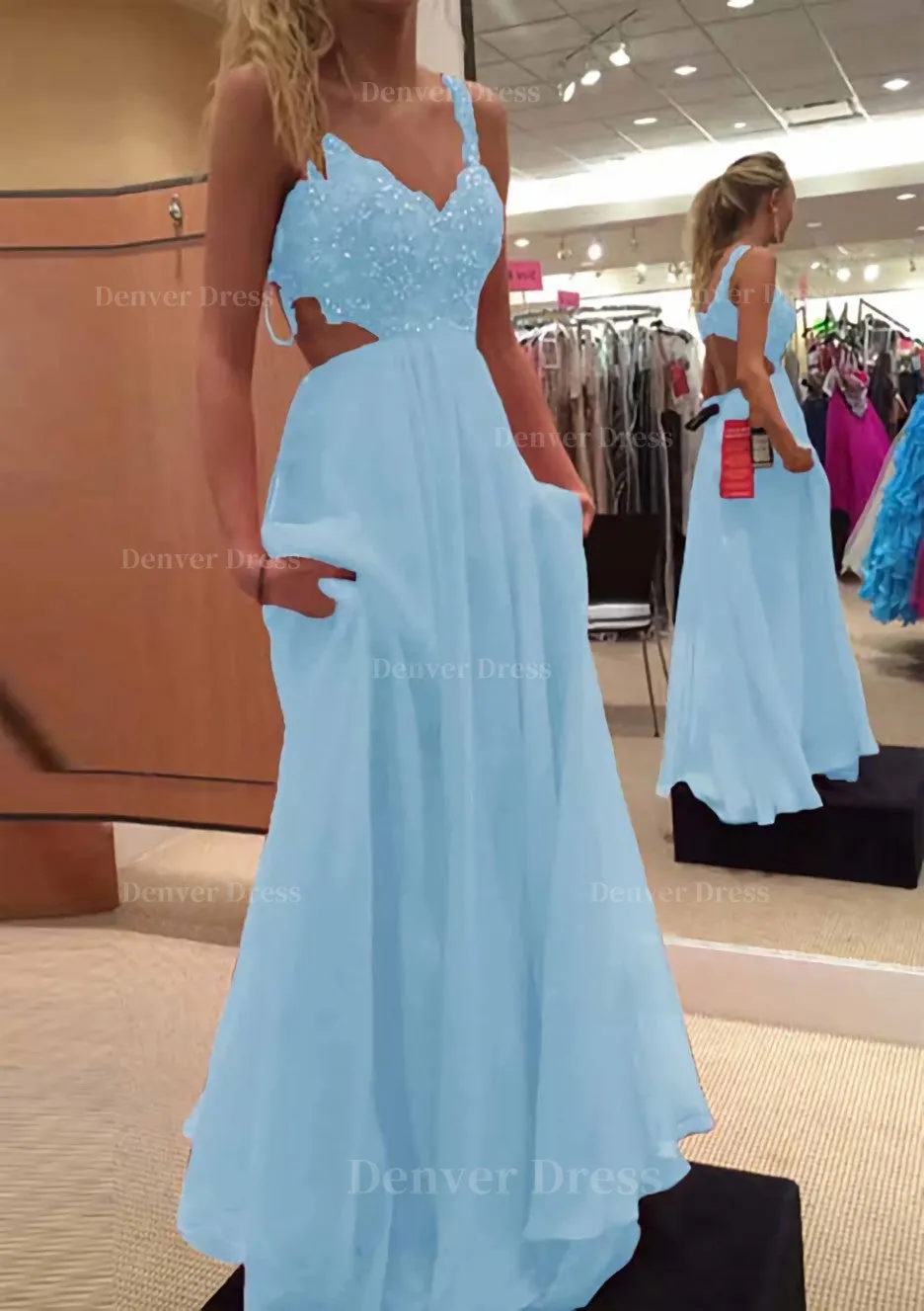 A-line/Princess V Neck Sleeveless Long/Floor-Length Chiffon Prom Dress With Lace Beading