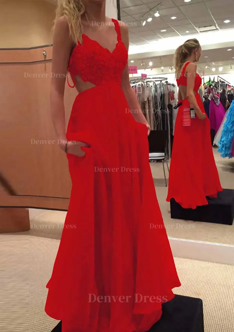 A-line/Princess V Neck Sleeveless Long/Floor-Length Chiffon Prom Dress With Lace Beading