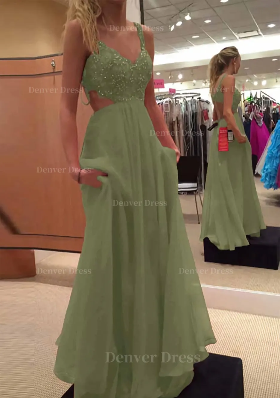 A-line/Princess V Neck Sleeveless Long/Floor-Length Chiffon Prom Dress With Lace Beading