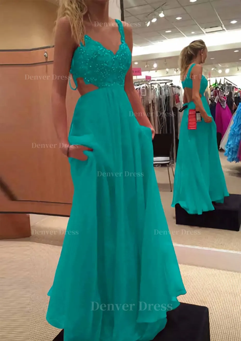 A-line/Princess V Neck Sleeveless Long/Floor-Length Chiffon Prom Dress With Lace Beading