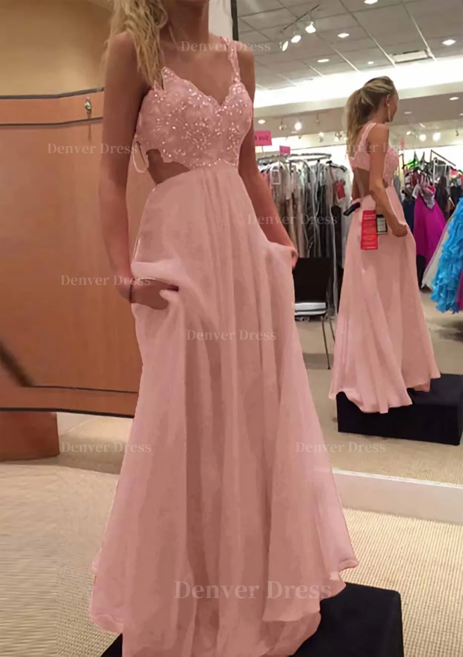 A-line/Princess V Neck Sleeveless Long/Floor-Length Chiffon Prom Dress With Lace Beading