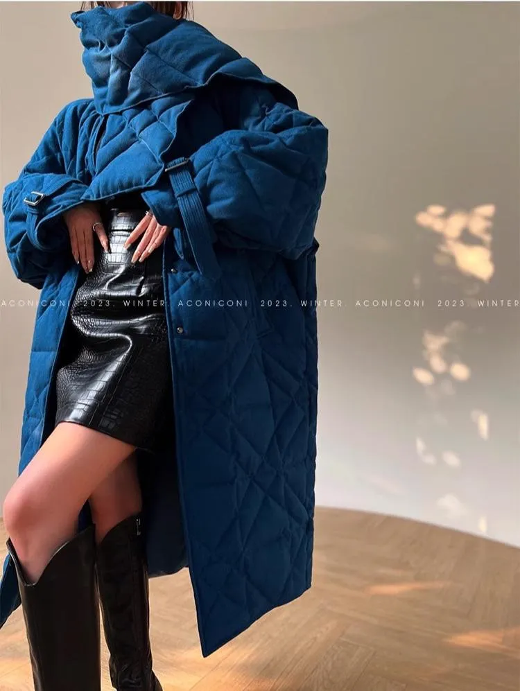 Aconiconi Luxury White/Blue/Black Duck Down Long Sleeve Thick Winter Coat- Muye