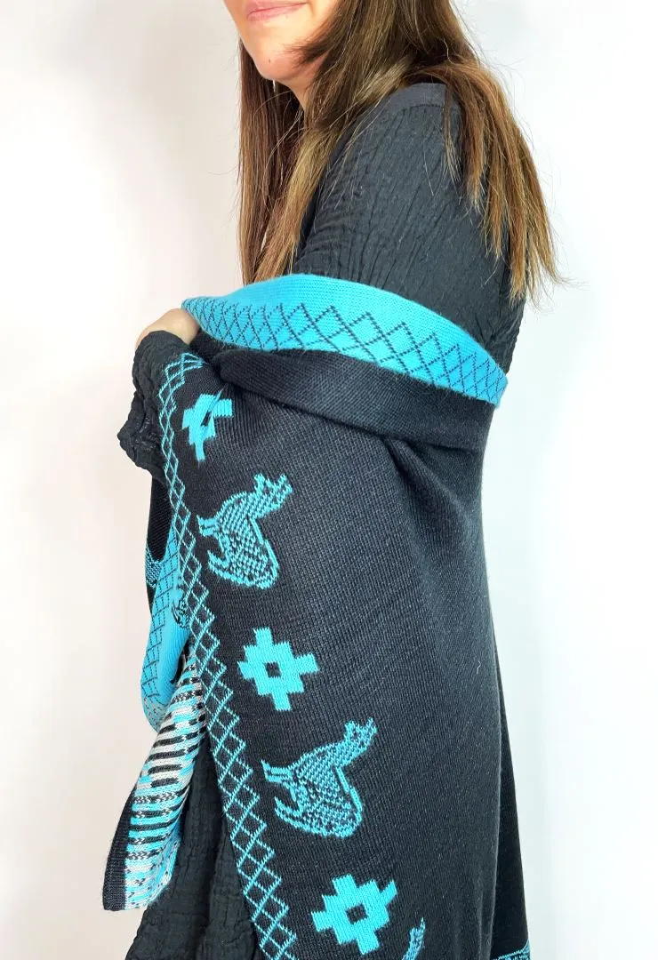 Alpaca Reversible Shawl - Women's Ruana Wrap - Black and Turquoise, Peru