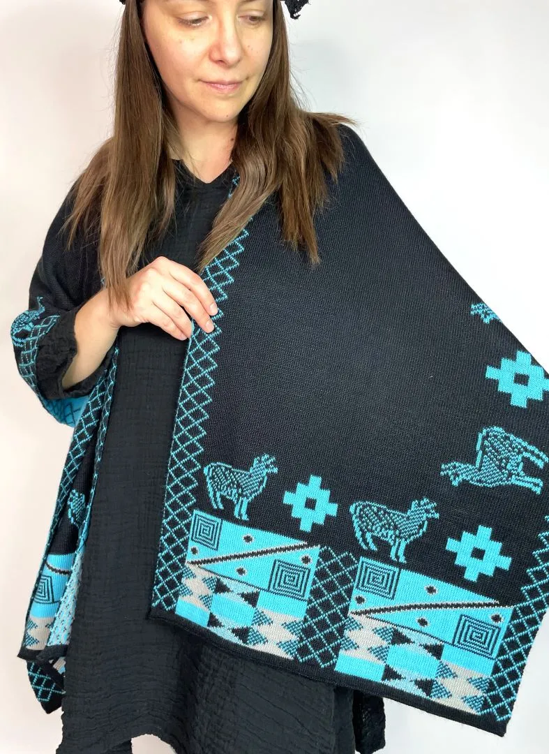 Alpaca Reversible Shawl - Women's Ruana Wrap - Black and Turquoise, Peru