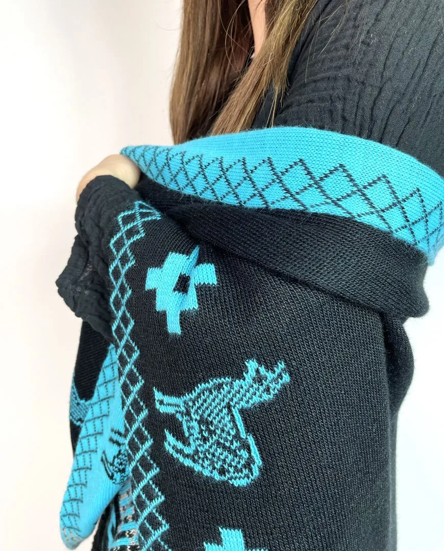 Alpaca Reversible Shawl - Women's Ruana Wrap - Black and Turquoise, Peru