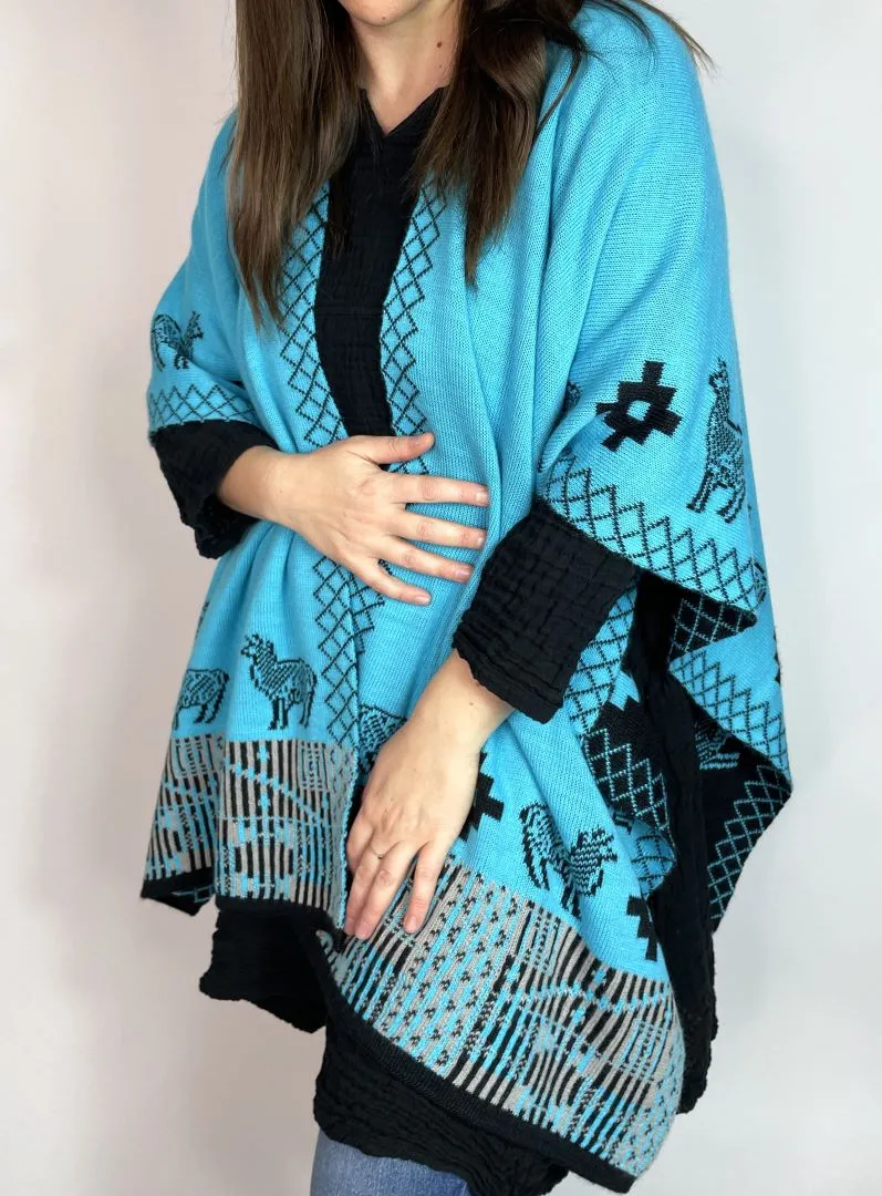 Alpaca Reversible Shawl - Women's Ruana Wrap - Black and Turquoise, Peru