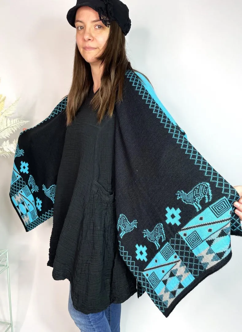 Alpaca Reversible Shawl - Women's Ruana Wrap - Black and Turquoise, Peru