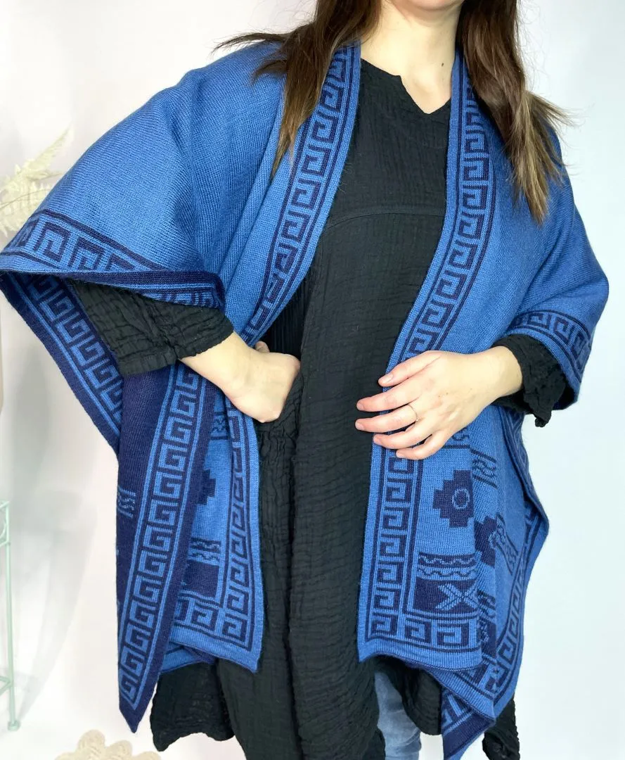 Alpaca Reversible Shawl - Women's Ruana Wrap - Blue and Sky, Peru