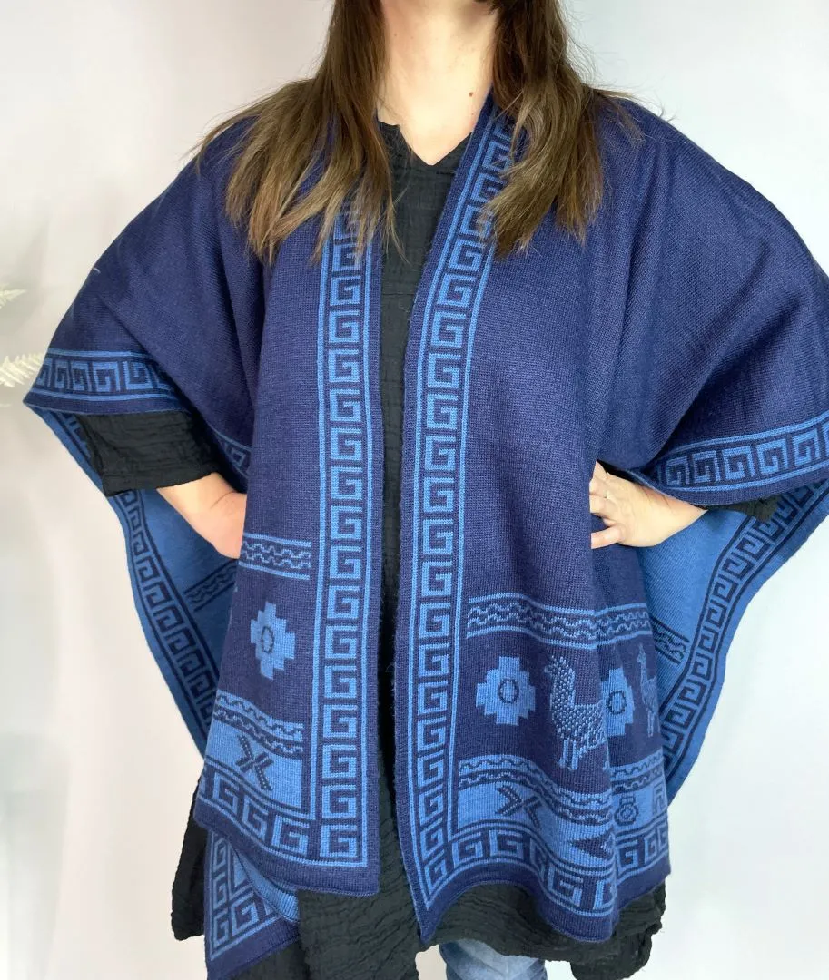 Alpaca Reversible Shawl - Women's Ruana Wrap - Blue and Sky, Peru