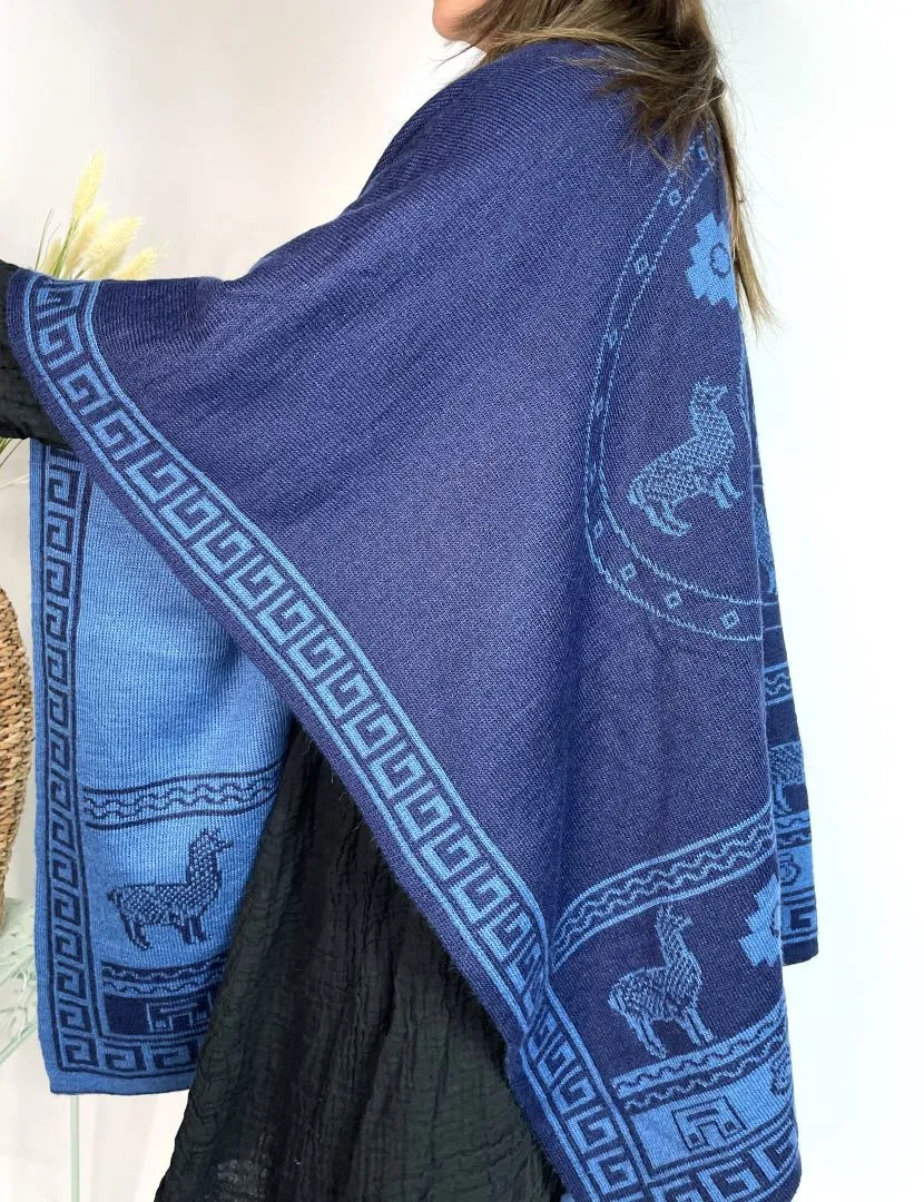 Alpaca Reversible Shawl - Women's Ruana Wrap - Blue and Sky, Peru