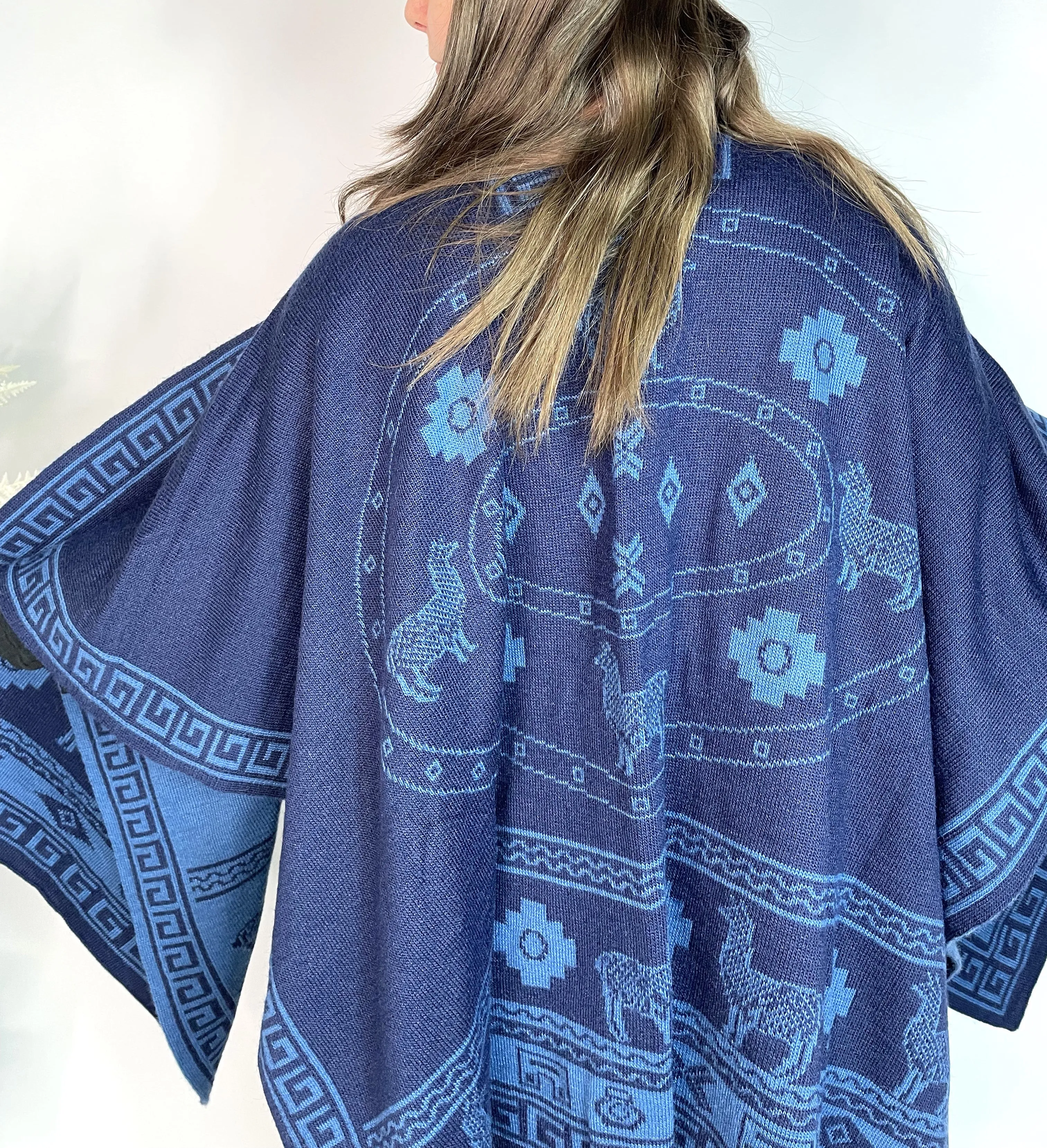 Alpaca Reversible Shawl - Women's Ruana Wrap - Blue and Sky, Peru