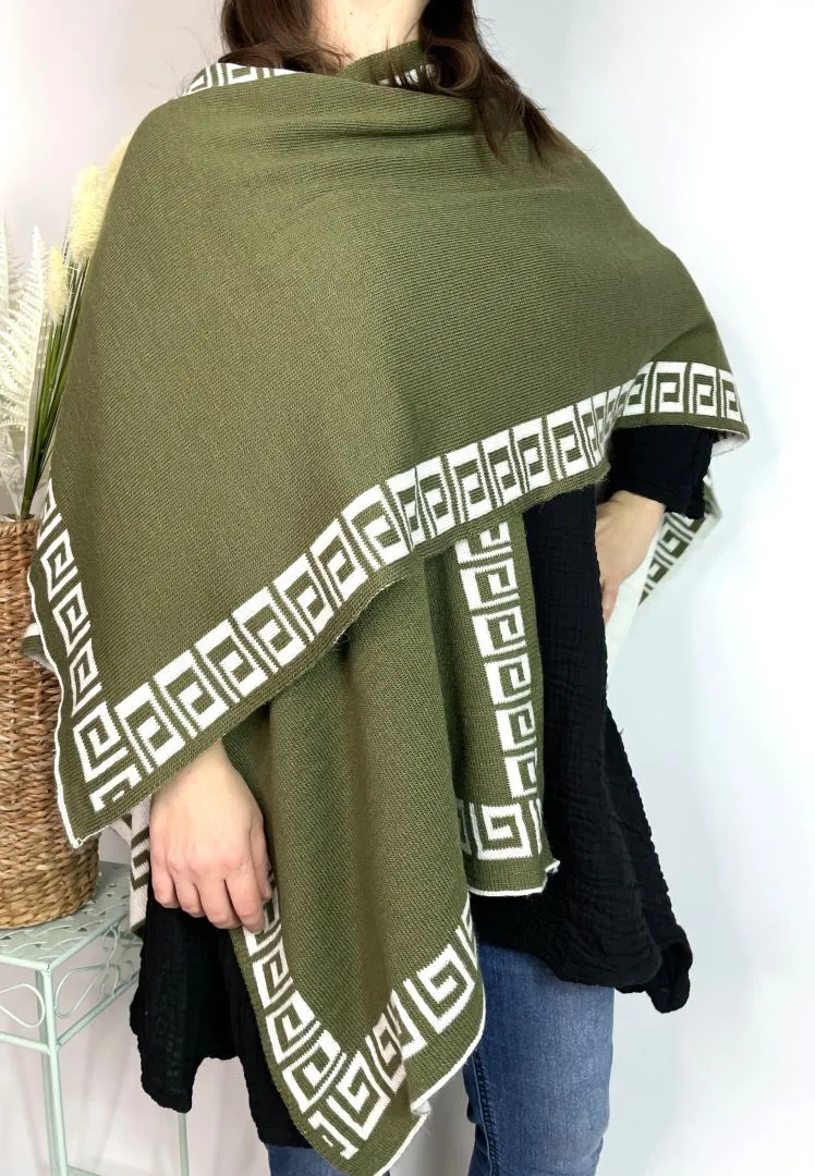 Alpaca Reversible Shawl - Women's Ruana Wrap - Olive and Ivory, Peru