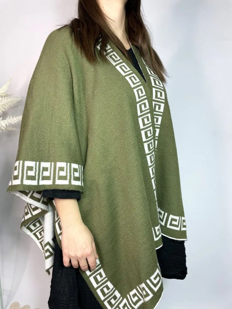 Alpaca Reversible Shawl - Women's Ruana Wrap - Olive and Ivory, Peru