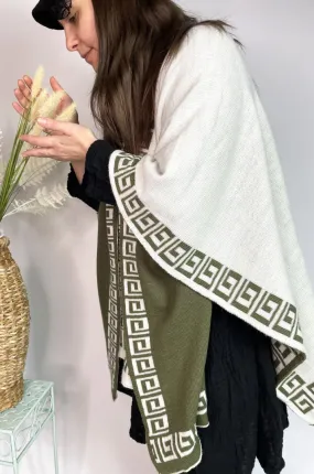 Alpaca Reversible Shawl - Women's Ruana Wrap - Olive and Ivory, Peru