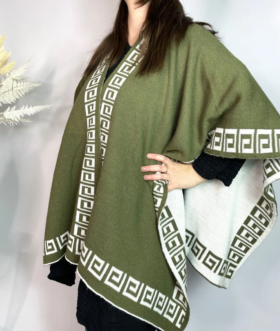 Alpaca Reversible Shawl - Women's Ruana Wrap - Olive and Ivory, Peru