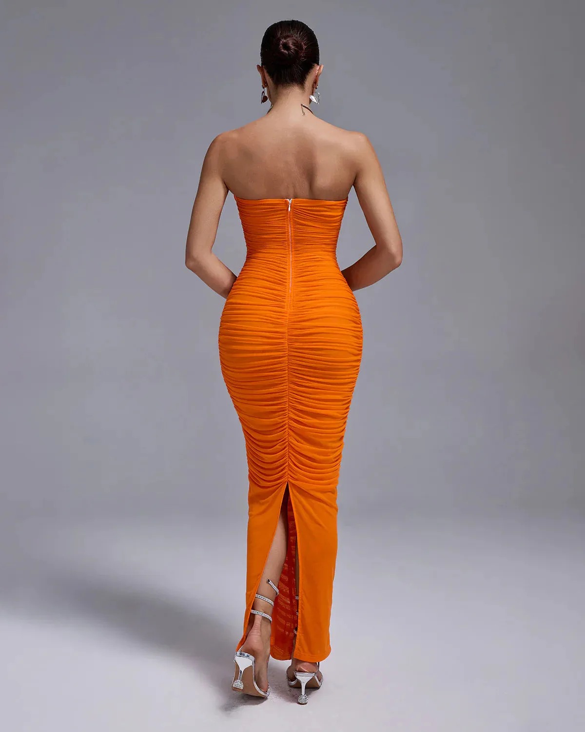 AMBER Open Back Ruched Flower Maxi Bodycon Dress